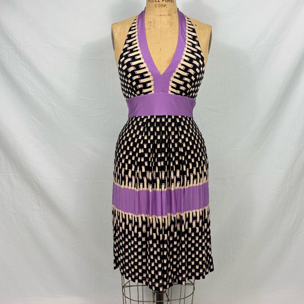 BCBG MaxAzria Purple and Black Geometric Halter Dress Knee Length Size Small